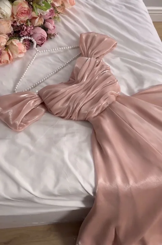 Women's Elegant Outfit Modest A Line Strapless Silk Satin Long Pink Prom Dress Evening Dresses C2053