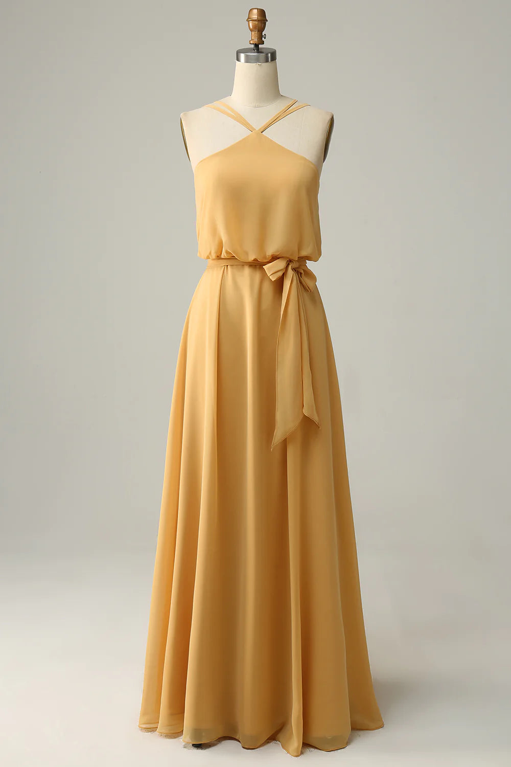 Women's Versatile Apparel A Line Halter Yellow Long Bridesmaid Dress with Bowknot