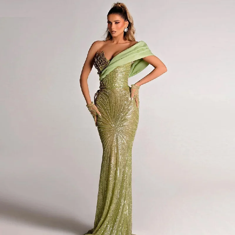 Charming Women's Outfit For Special Occasions One Shoulder Sleeveless Sequins Maxi Bodycon Dress HT11550