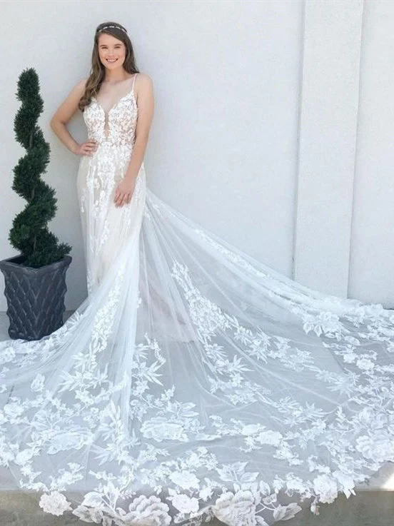 Stylish Women's Garments For Holidays Spaghetti Long A-line Lace Wedding Dresses, Elegant Wedding Dresses, Newest Wedding Dresses