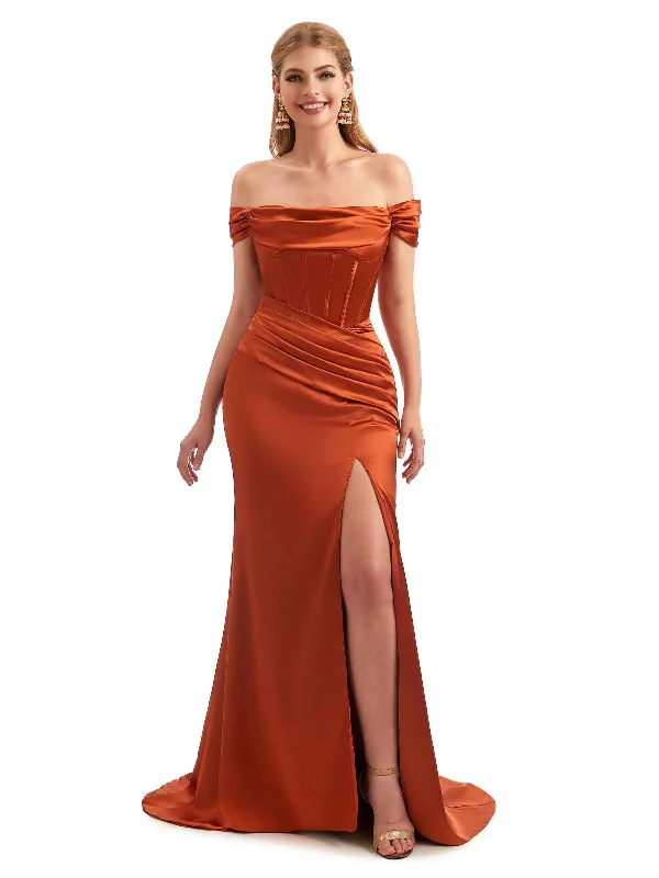 Women's Work Apparel Off The Shoulder Mermaid Satin Unique Long Bridesmaid Dress Sexy Side Split