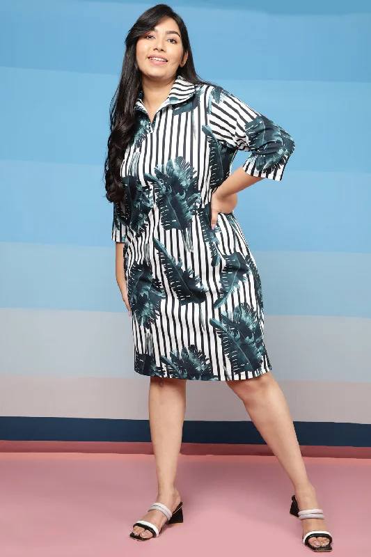 Women's Holiday Attire Tropical Stripes Shirt Dress