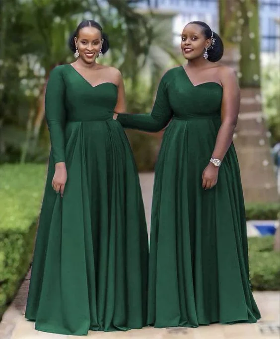 Women's Outdoor Activity Garments Prom Dresses, Dark Green Bridesmaid Dresses, One Shoulder Floor Length Gowns   S1733