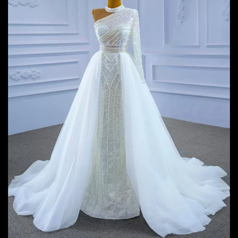 Women's Vintage Garments Mock Neck Pearl Beaded Overskirt Wedding Dress with One Shoulder Sleeve