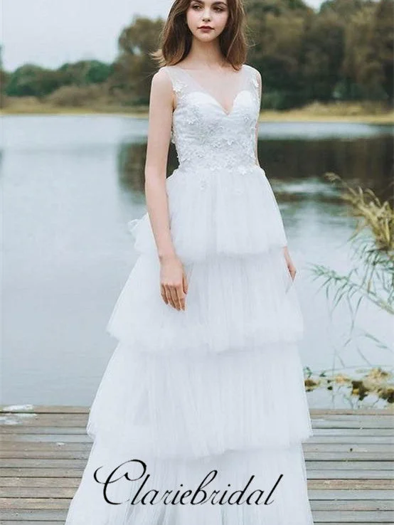 Elegant Clothing For Women V-neck Fluffy Tulle Lace A-line Off White Long Wedding Dresses