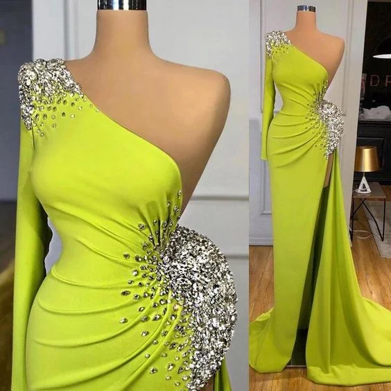 Tailored Clothing For Women One Shoulder Mermaid Prom Dresses 2021 Arabic Glitter Beaded Side Split Evening Gowns Satin Custom Women Formal Dress   cg14812