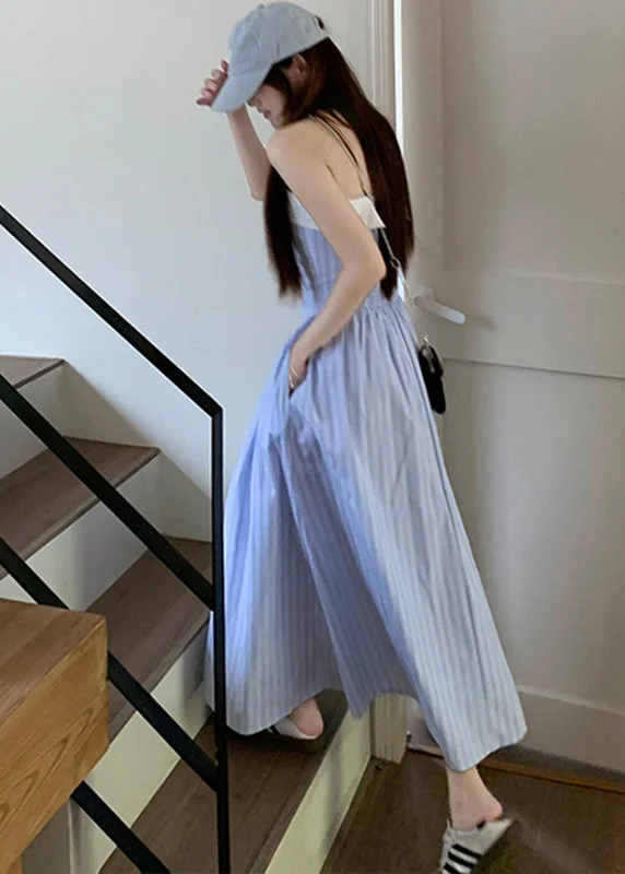 Casual Attire For Women Modern Blue Slash Neck Striped Patchwork Maxi Spaghetti Strap Dresses Sleeveless