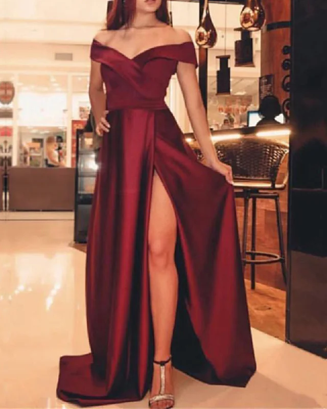 Women's Trendy Clothing Burgundy Red Slit Long Dress For Party Evening Gown PL665