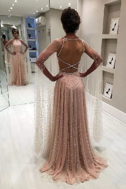 Women's Casual Wear Outfit Unique A Line Open Back Sleeveless Long Prom Dresses with Pearls