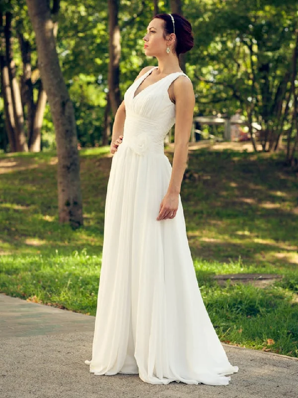 Women's Travel Garments V-neck Long A-line Chiffon Wedding Dresses, Simple Long Wedding Dresses, Country Wedding Dresses