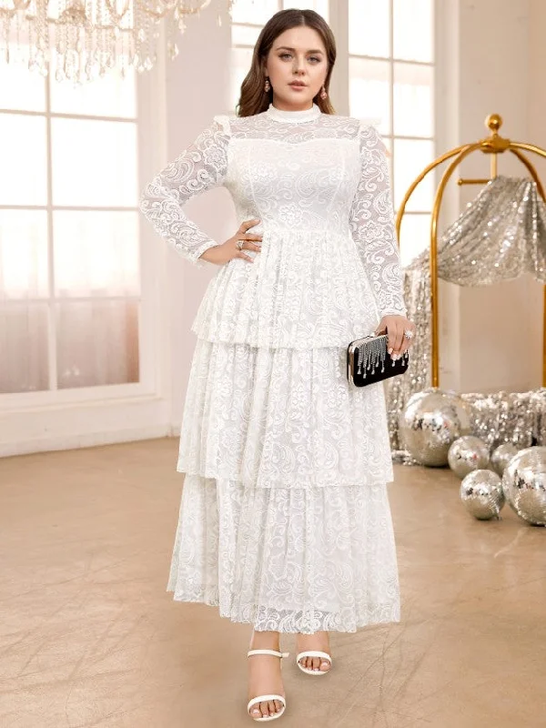 Affordable Luxury Women's Garments AOMEIDRESS White Lace Cake Dress Long Sleeves Sheer High Waist A Line