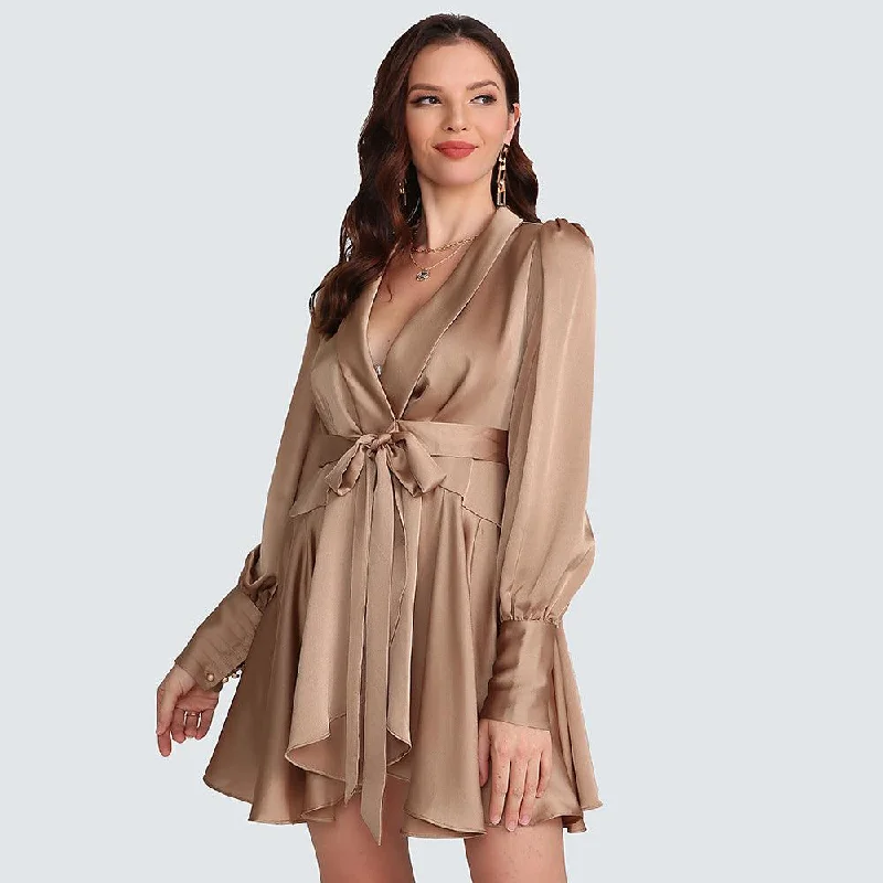 Women's Trendy Apparel Khaki Satin Vintage Wrap Mini Dress