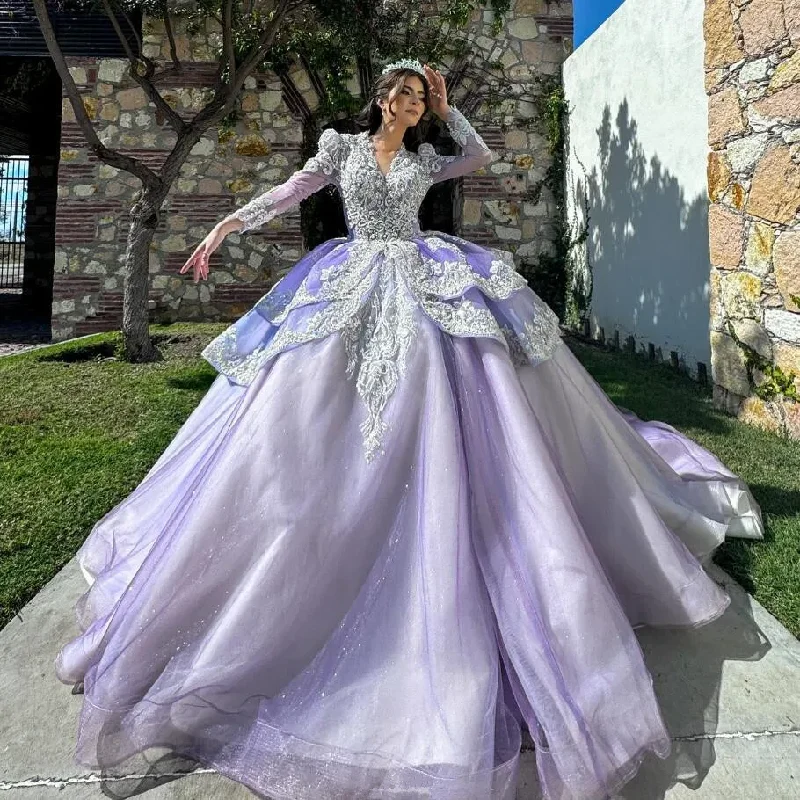 Stylish Women's Outerwear Apparel Lilac Lavender Prinncess Quinceanera Dresses Long Sleeve Gillter Applique Lace