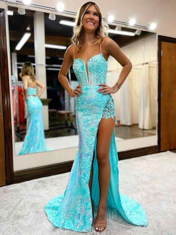 Charming Women's Outfit For Special Occasions Mermaid/Trumpet Prom Dress High Slit Dress Formal Court Train Sleeveless V Neck Sequin with Slit Appliques Y6090