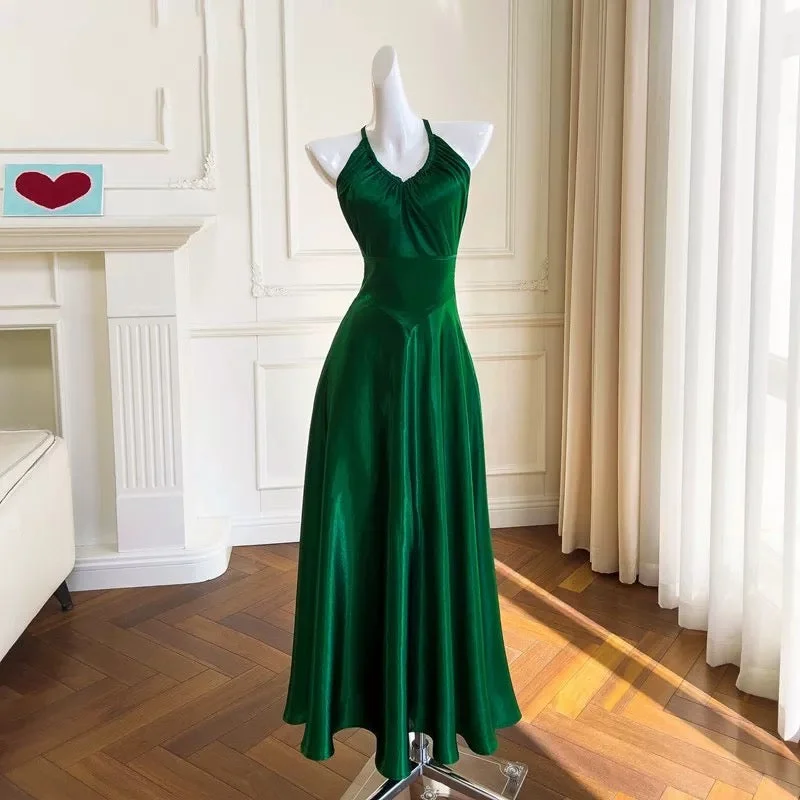 Affordable Women's Outfit Sexy A Line Halter Sleeveless Green Satin Prom Dresses C1870