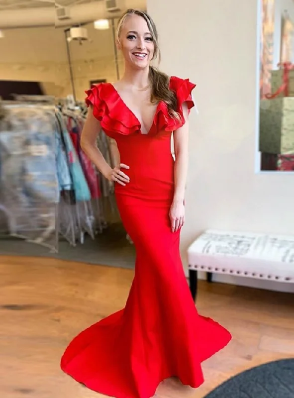 Women's High-Fashion Outfit Red Mermaid Satin Deep V-neck Ruffles Long Prom Dress   cg18830