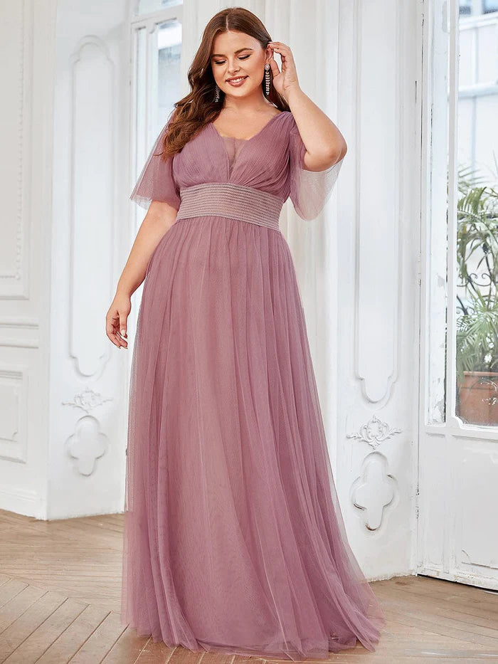 Women's Formal Apparel Plus Size A-Line Short Sleeve V-Neck Tulle Bridesmaid Dress