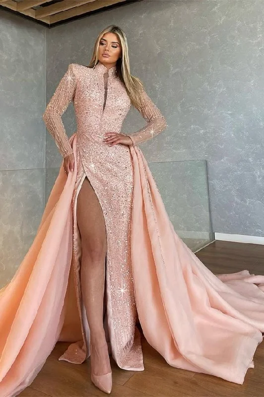 Sustainable Women's Apparel Stunning Pink Long Sleeves Sequins Prom Dress Mermaid Split With Overskirt