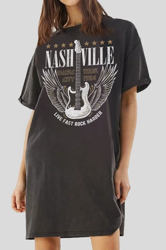 Women's Outdoor Attire Mineral Black Nashville Music City Guitar Graphic Short Sleeve T-Shirt Dress