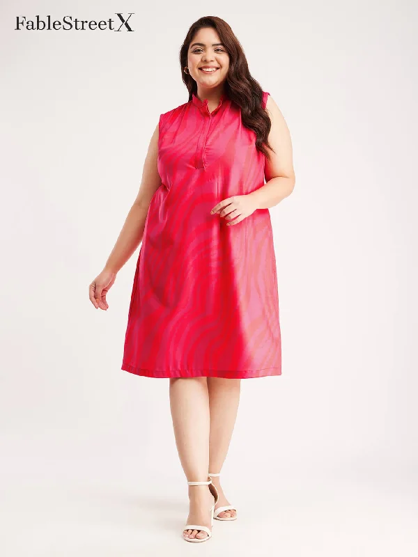 Affordable Luxury Women's Garments Mandarin Collar Sleeveless Dress - Fuchsia And Orange