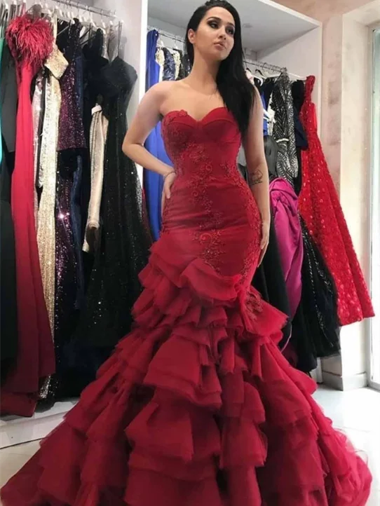 Women's Vacation Attire Sweetheart Long Mermaid Red Lace Tulle Prom Dresses, Formal Dresses, Long Prom Dresses, Wedding Gown