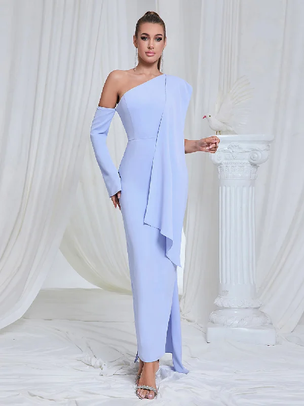 Women's Chic Outerwear Outfit One Shoulder Long Sleeve Asymmetrical Maxi Bodycon Dress HB10148