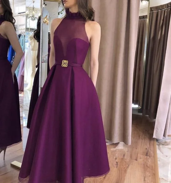 Affordable Women's Outfit Purple A-line Sleeveless Prom Dress,Purple High Neck Evening Dress Y5859