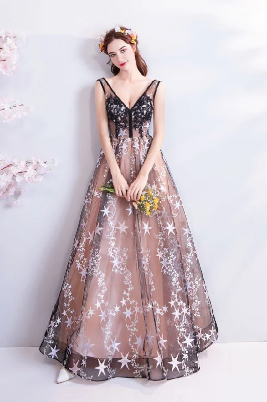 Women's Clothing For Outdoor Events Charming Floor Length Sleeveless Prom Dresses with Stars A Line Appliques Evening Dresses N2314