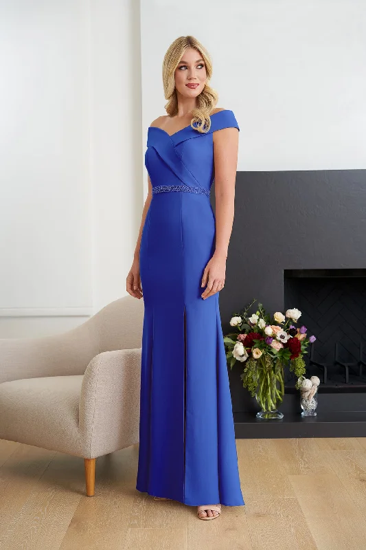 Affordable Trendy Clothes For Women Jasmine K258051 Stretch Crepe Fit and Flare Gown with Asymmetrical Cross-Over Portrait Neckline and Hand Beaded Waistband | Cobalt Blue