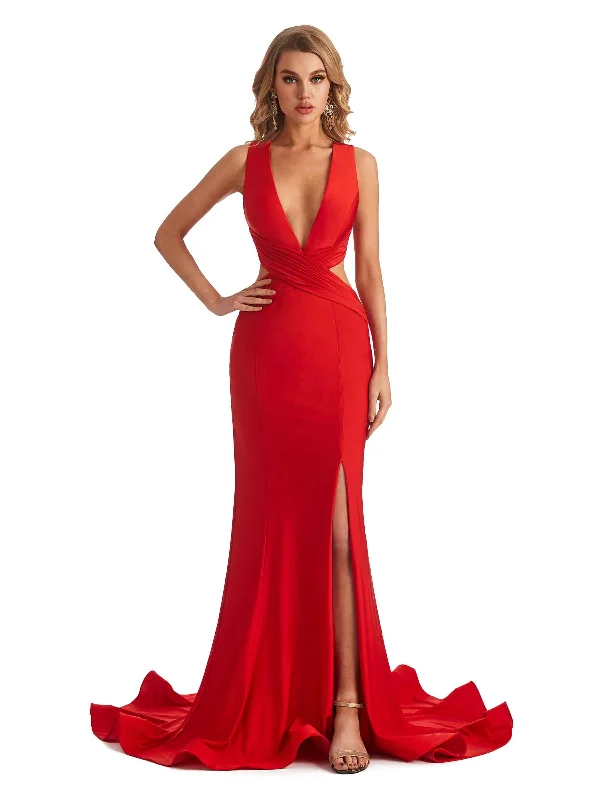 Comfortable Women's Clothes Mermaid V-Neck Side-Slit Stretchy Jersey Long Formal Wedding Guest Dresses