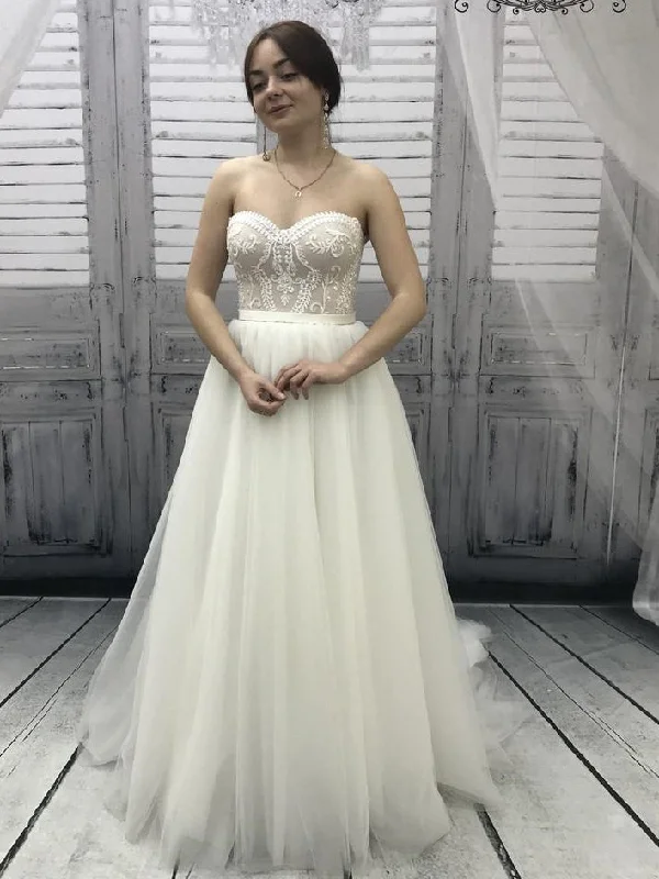 Women's Trendy Apparel Sweetheart Long A-line Lace Tulle Wedding Dresses, Simple Eleagnt Wedding Dresses, Long Wedding Dresses