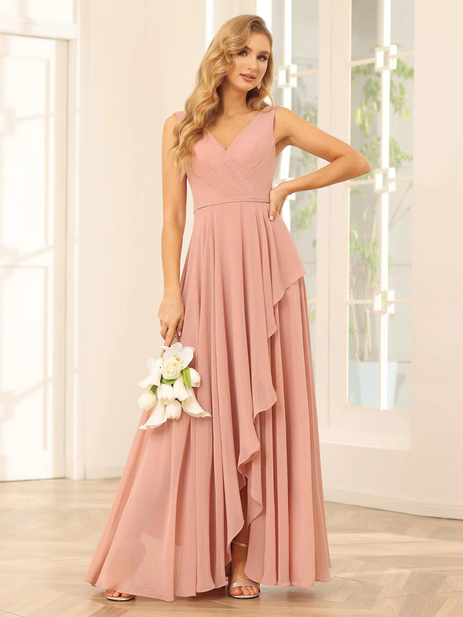 Women's Evening Wear Outfit A-Line/Princess V-Neck Asymmetrical Bridesmaid Dresses With Ruffles