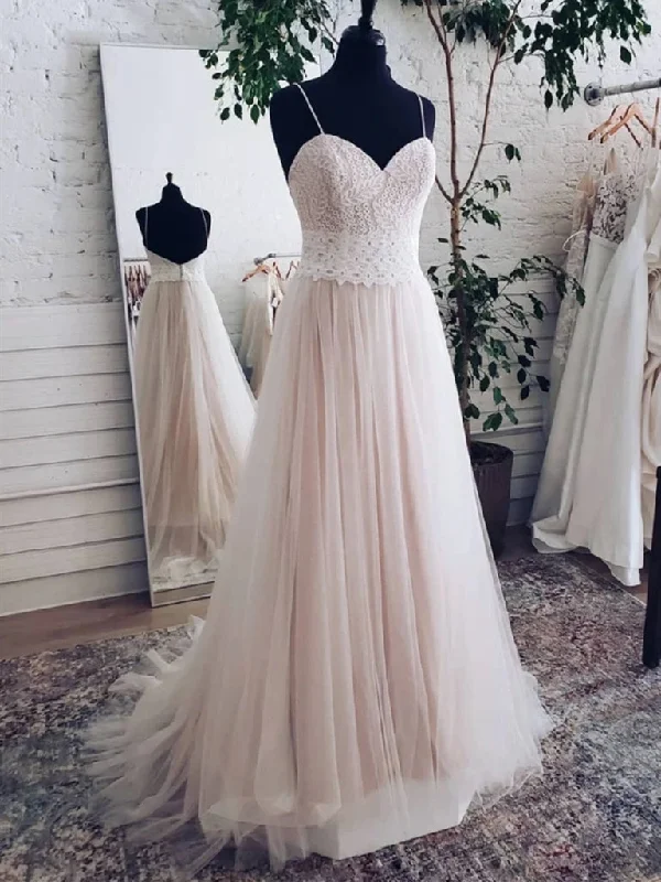 Women's Vintage Clothes Spaghetti Long A-line Wedding Dresses, Lace Top Wedding Dresses, Blush Pink Wedding Dresses