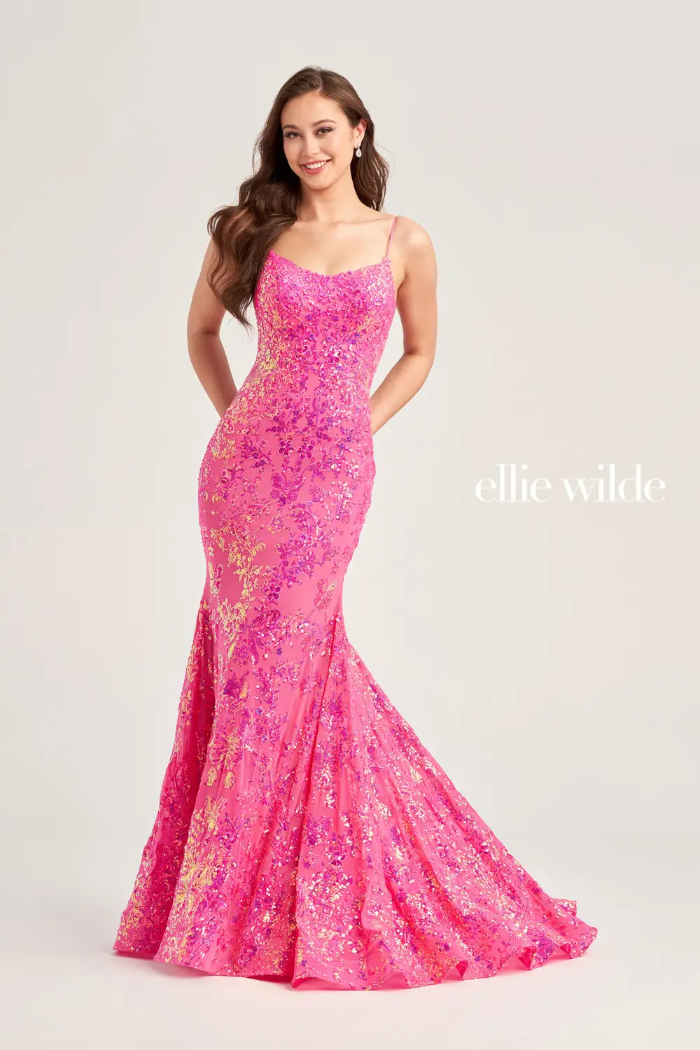 Women's Luxury Apparel Ellie Wilde 35015 Cami Sequin Patterned Gown