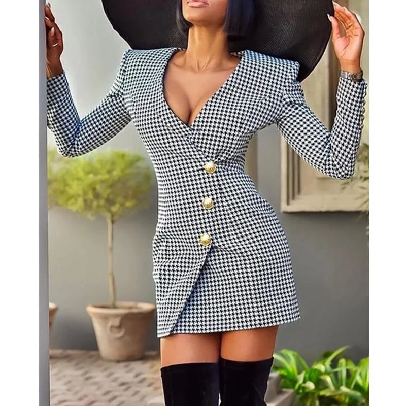 Women's Seasonal Attire Floral Style FashionSierra - V Neck Long Sleeve Office Lady Single Breasted Buttoned Houndstooth Blazer Dress Women Houndstooth Blazer Dress