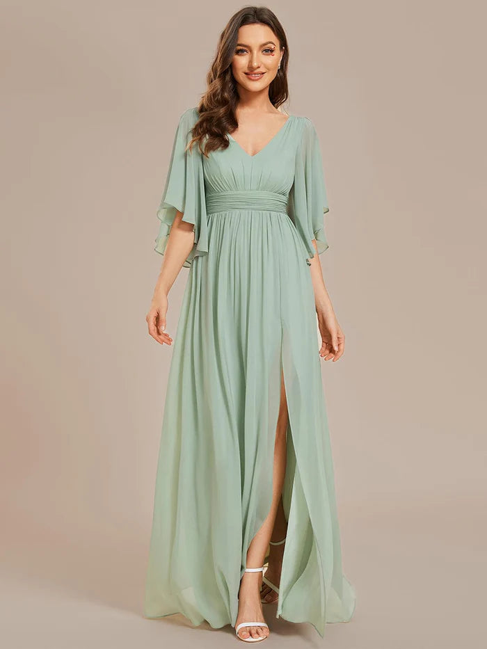 Vintage-Inspired Garments Half Sleeve V-Neck Pleated High Slit A-Line Chiffon Bridesmaid Dress