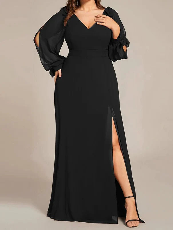 Affordable Trendy Clothes For Women Black A Line/Princess Long Sleeves Chiffon Floor-Length V Neck Bridesmaid Dresses