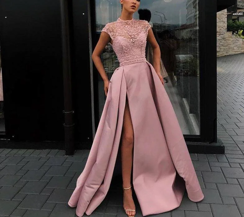 Women's Occasion Wear Apparel Satin Lace Beaded Evening Prom Dress