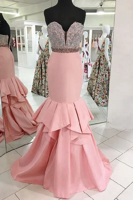 Elegant Clothing For Women Pink Satin Sweetheart Neck Long Mermaid Prom Dress With Lace Applique   cg16113