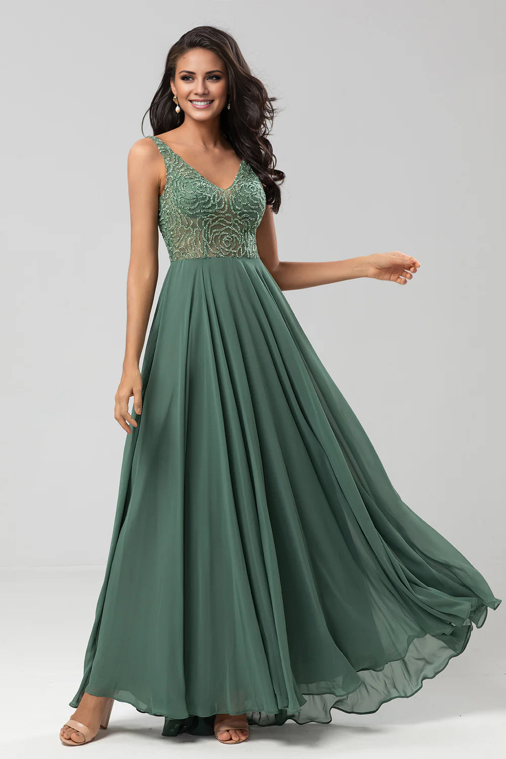 Women's Elegant Evening Outfit A Line V Neck Eucalyptus Long Prom Dress Charismatic Bridesmaid Dress with Beading