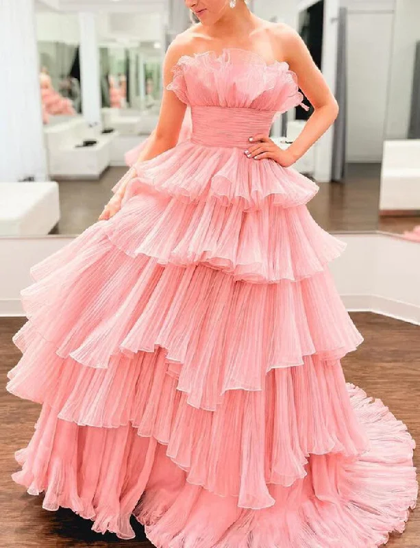 Women's Clothing For Work Women Layered Pink Prom Dresses Long A-Line Evening Gowns Formal Party Dress YPD373