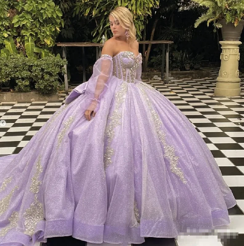 Women's Professional Apparel Lilac Lavender Princess Quinceanera Dresses with Long Sleeve Gillter Crystal Corset Lace-up vestidos de 15 años Prom Sweet 16