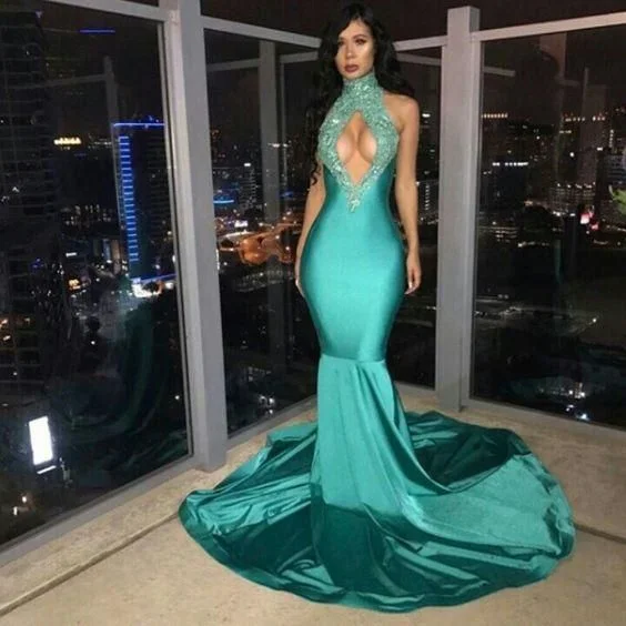 Women's Clothing For Special Occasions Plus Size Prom Dresses, Sexy Elastic Satin Mermaid Jade High Neck Key Hole Long Prom Dresses  cg8179