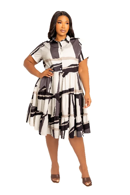 Women's Vacation Attire Print Tiered Mini Shirt Dress