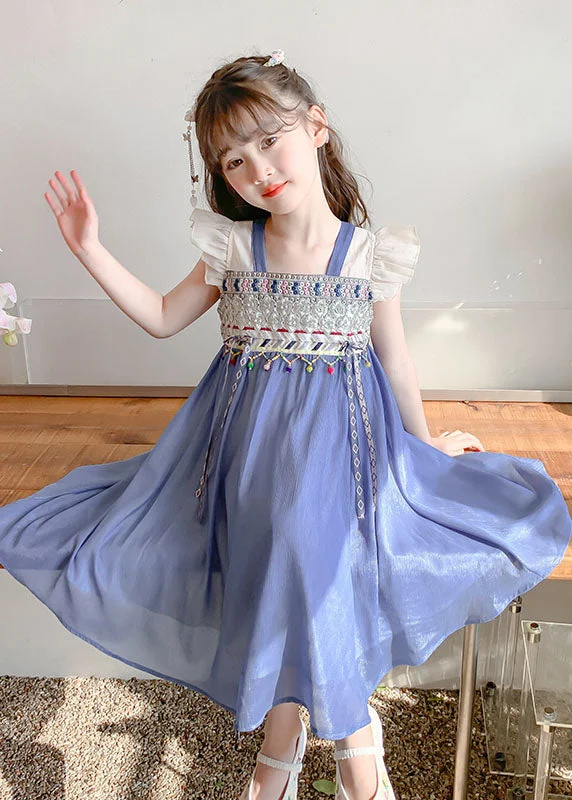 Women's Transitional Outfit Boutique Blue Square Collar Patchwork Tassel Chiffon Kids Long Dresses Sleeveless