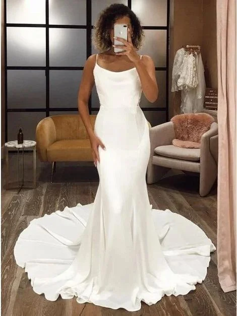 Women's Evening Clothing White Mermaid Satin Sleeveless Prom Dress With Sweep Train    cg19785