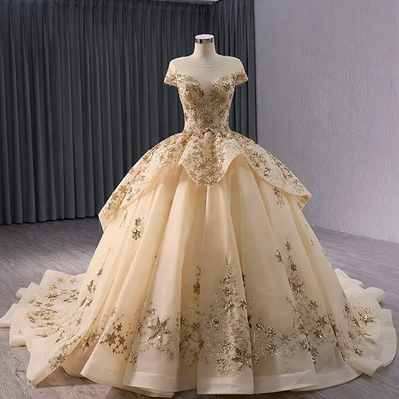 Fashionable Women's Clothes Gold Star Ruffle Wedding Dress with Cap Sleeve Quinceanera Gown