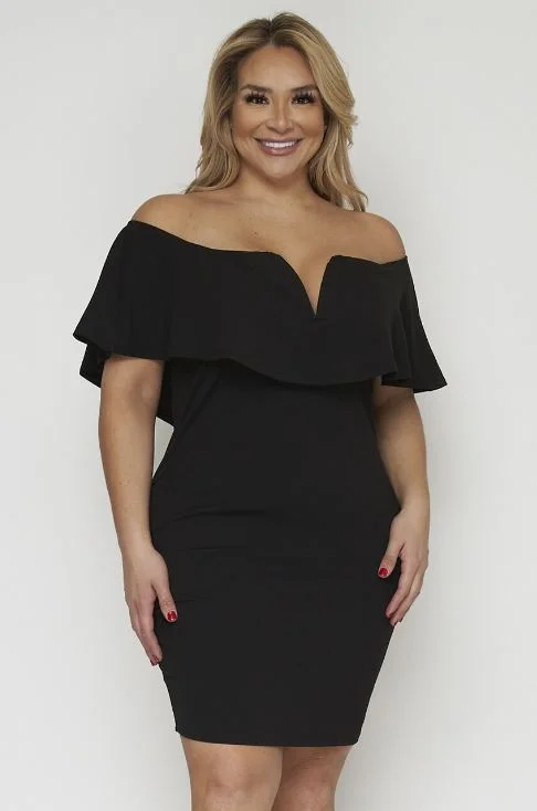 Women's High-Fashion Clothes Elegant Details Black Cold Shoulder Plus Size Bodycon Dress