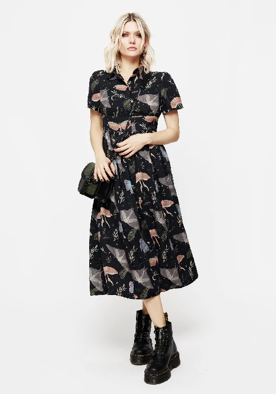 Women's Vintage-Inspired Outfit Nightmoth Midi Shirt Dress