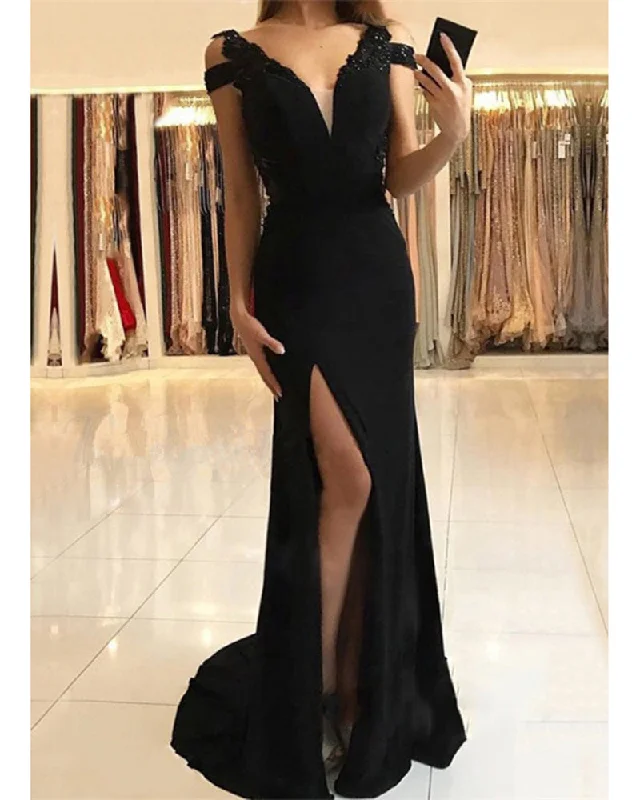 Women's Outfit Cold Shoulder Black Slit Prom Long Party Dresses Vestido De Festa Evening Gown